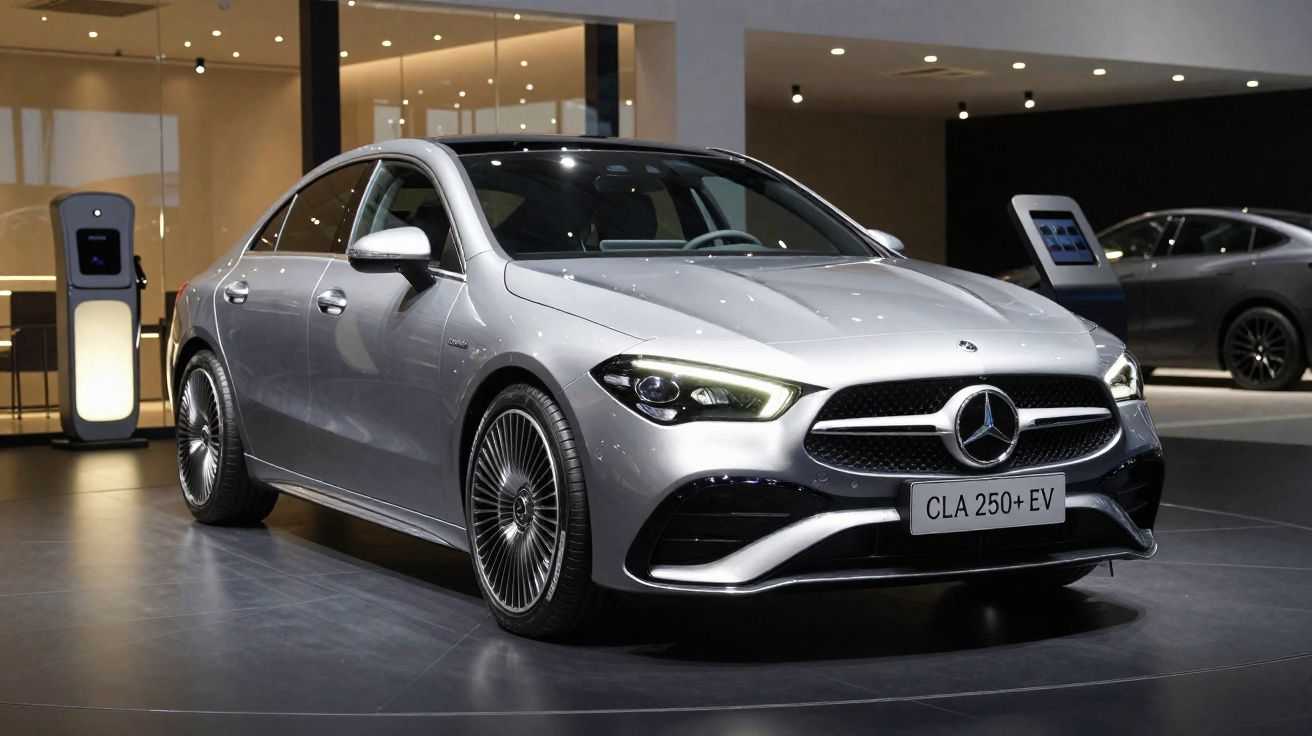 Carro elétrico Mercedes-Benz CLA 250+ EV cinzento exposto em salão de automóveis moderno.