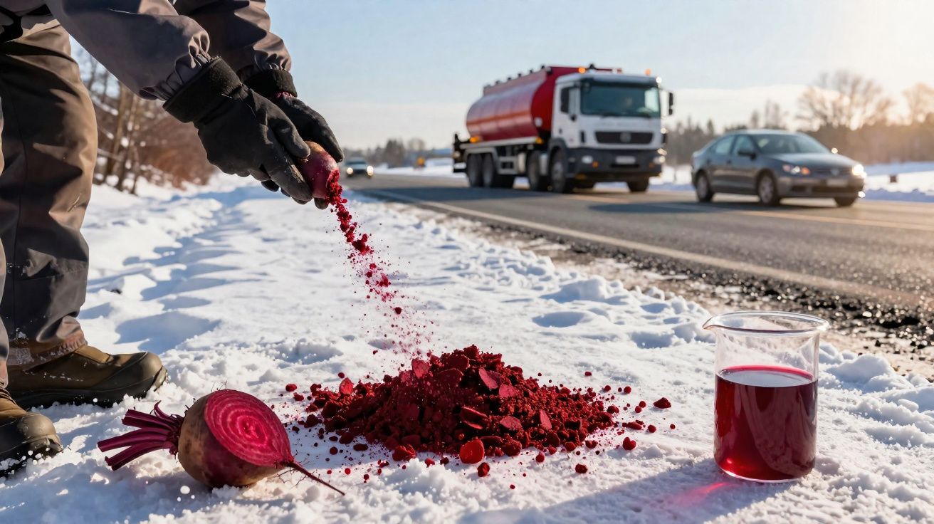 Pessoa a espalhar beterraba ralada na neve ao lado da estrada com veículos ao fundo.