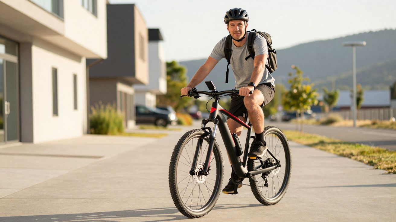 Homem com capacete e mochila a pedalar bicicleta elétrica numa zona urbana ensolarada.