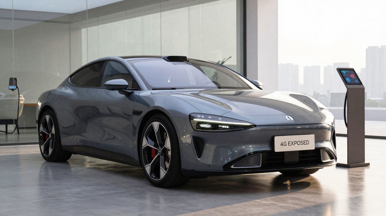 Carro elétrico cinza escuro estacionado em interior moderno ao lado de estação de carregamento.