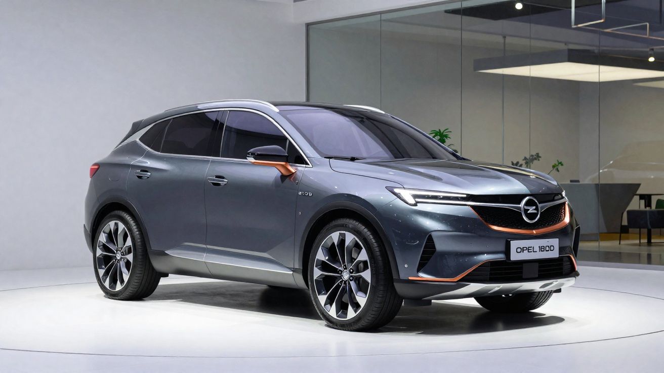 Carro elétrico Opel 1800 cinza escuro estacionado em espaço interior moderno com vidro.