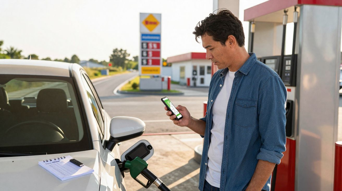 Homem usa smartphone enquanto abastece carro numa bomba de combustível numa estação de serviço.