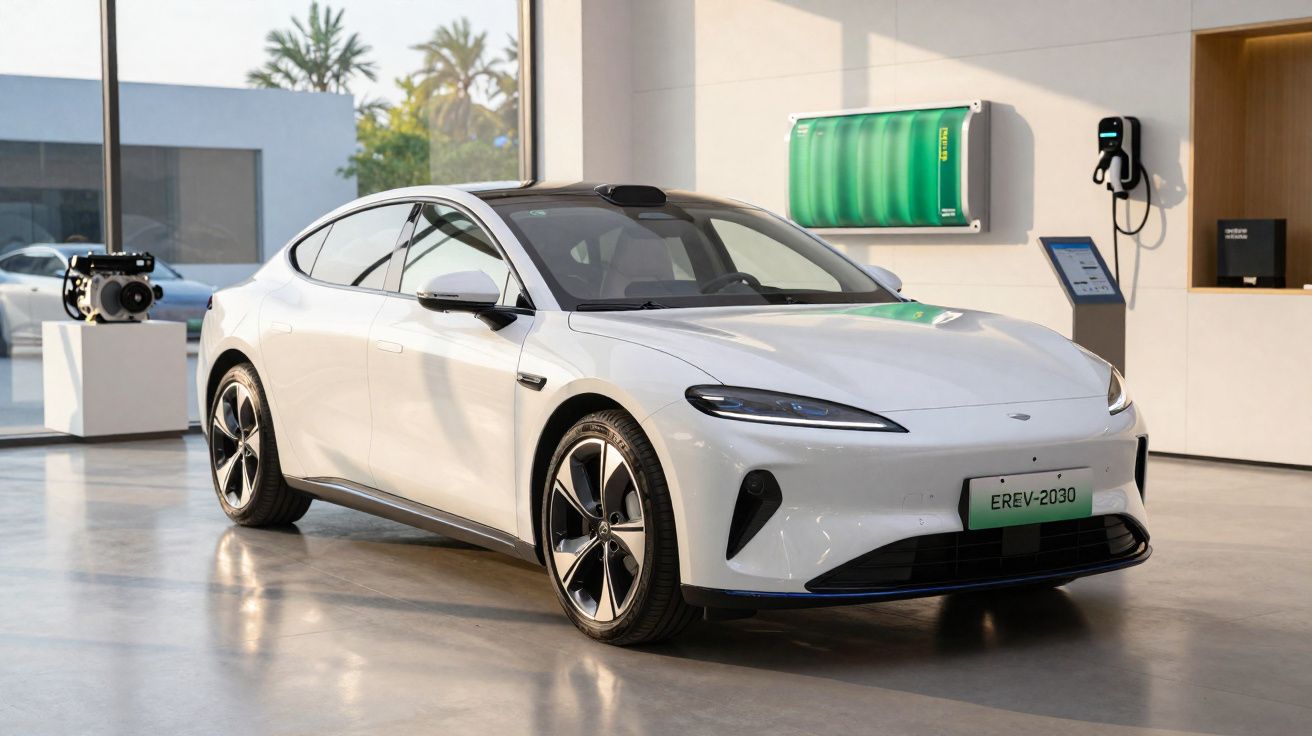 Carro elétrico branco moderno exposto em sala iluminada, com carregador e bateria na parede.