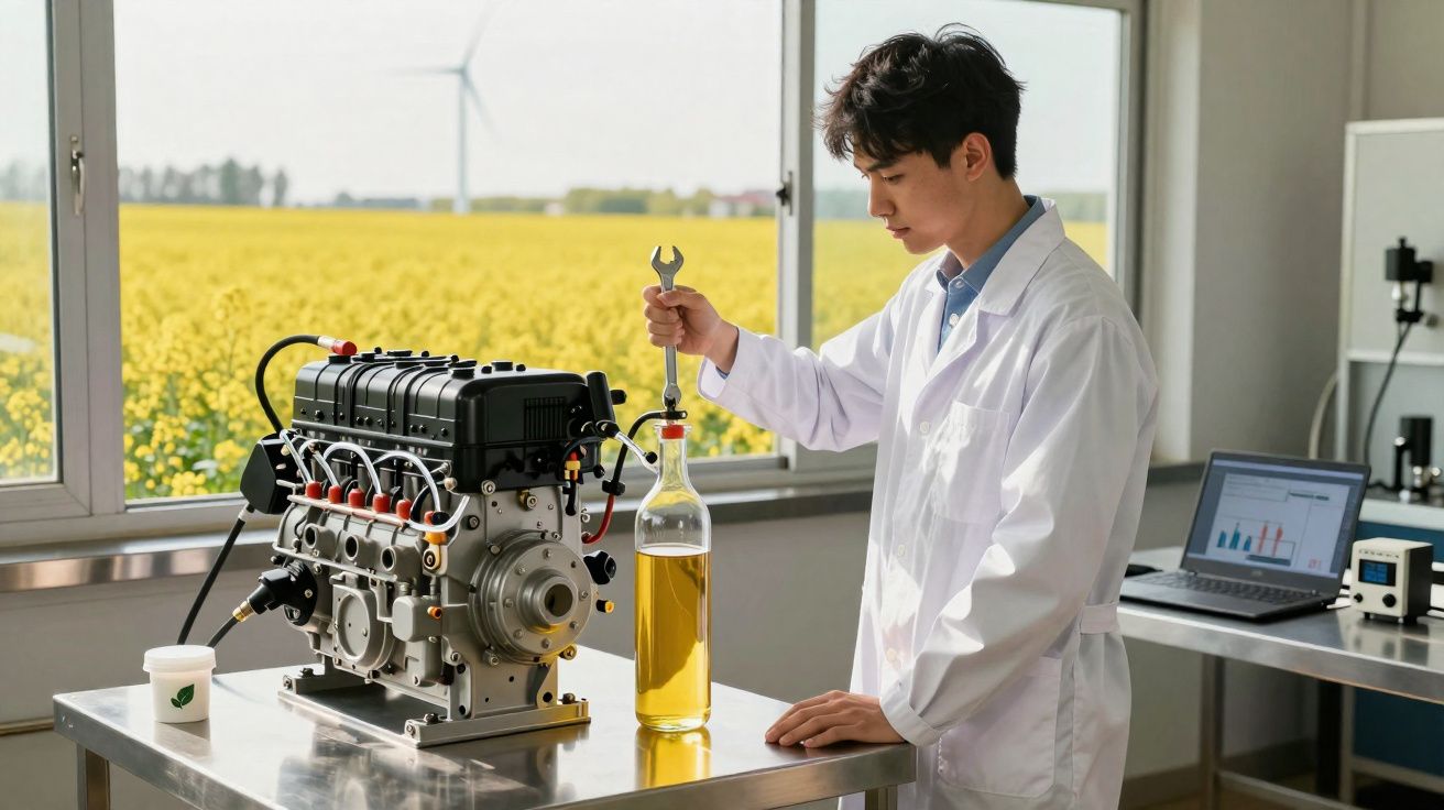 Cientista em bata branca testa motor ao lado de garrafa com combustível alternativo num laboratório.