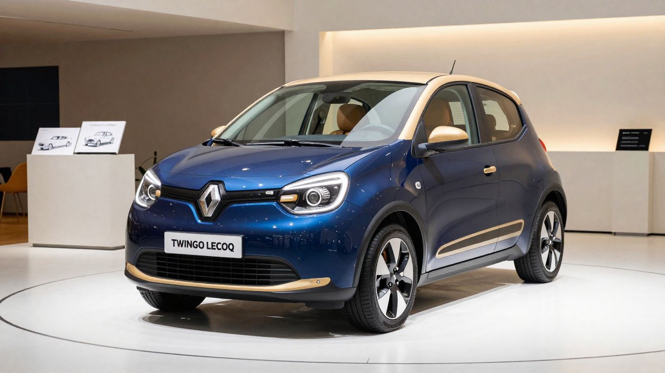 Automóvel Renault Twingo Lecoq azul com teto bege exposto em salão moderno e iluminação focada.