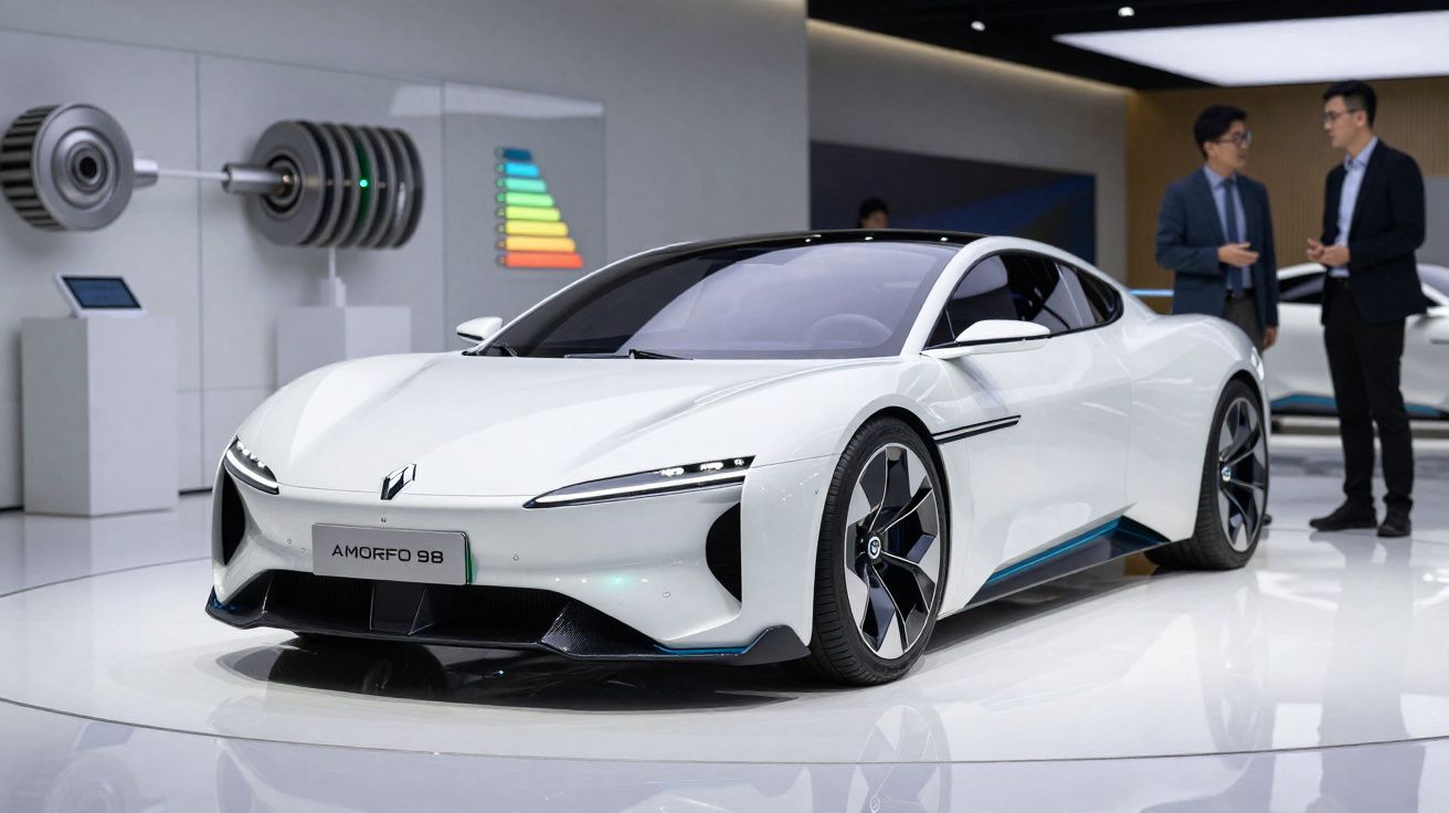 Carro desportivo elétrico branco mostrado numa exposição com dois homens ao fundo a conversar.