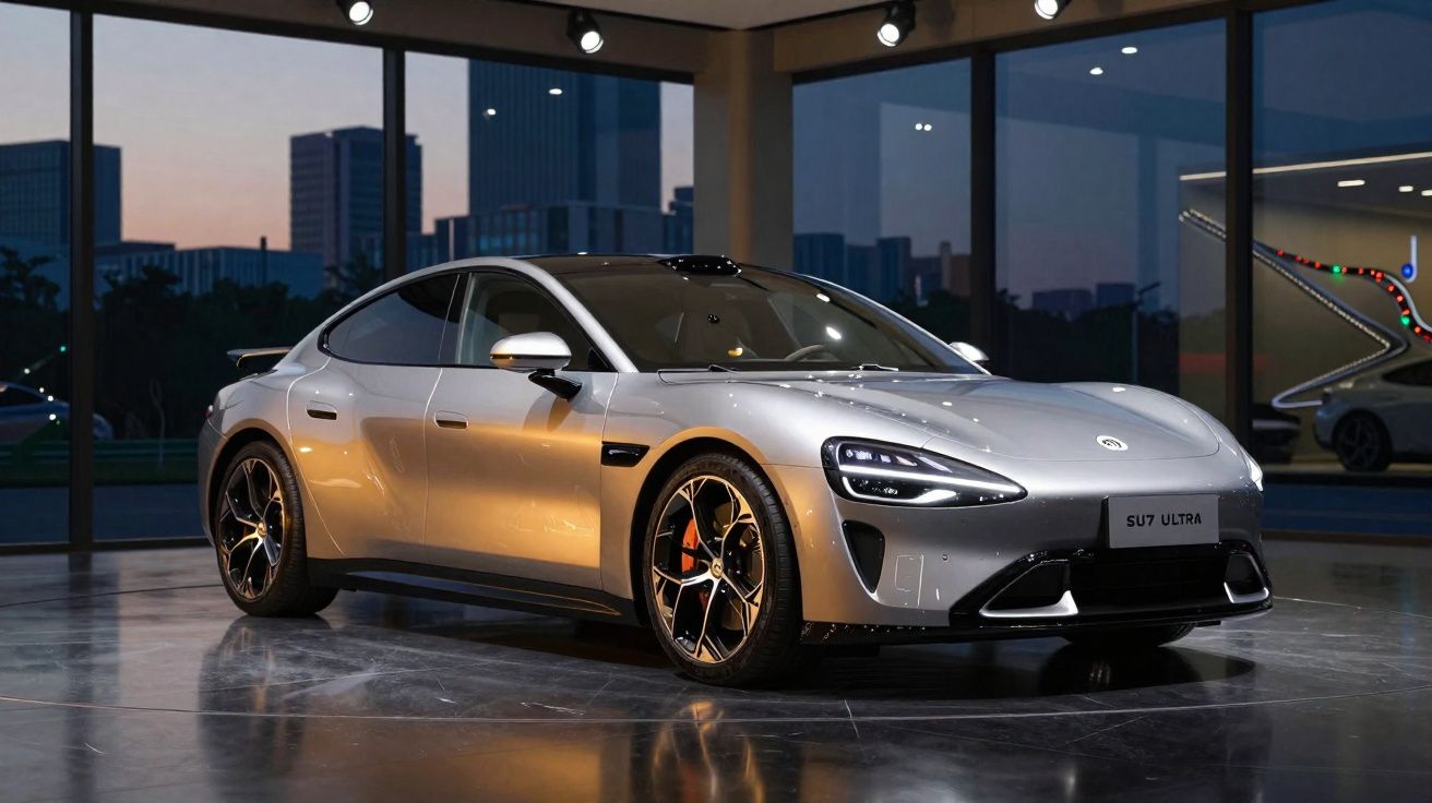Carro desportivo elétrico prateado estacionado em showroom moderno ao anoitecer.