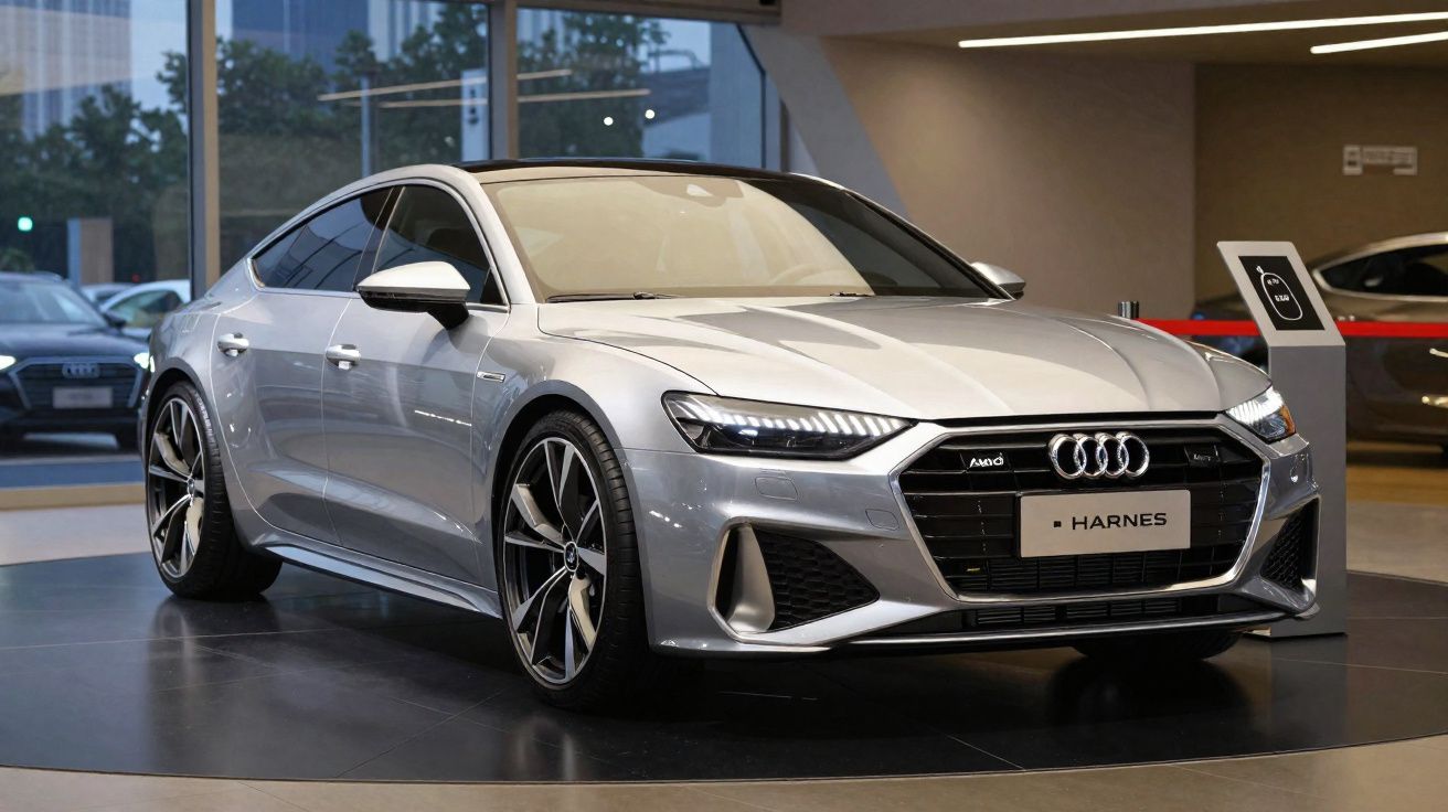 Carro Audi cinzento elegante exposto numa sala de showroom moderna com janelas grandes.