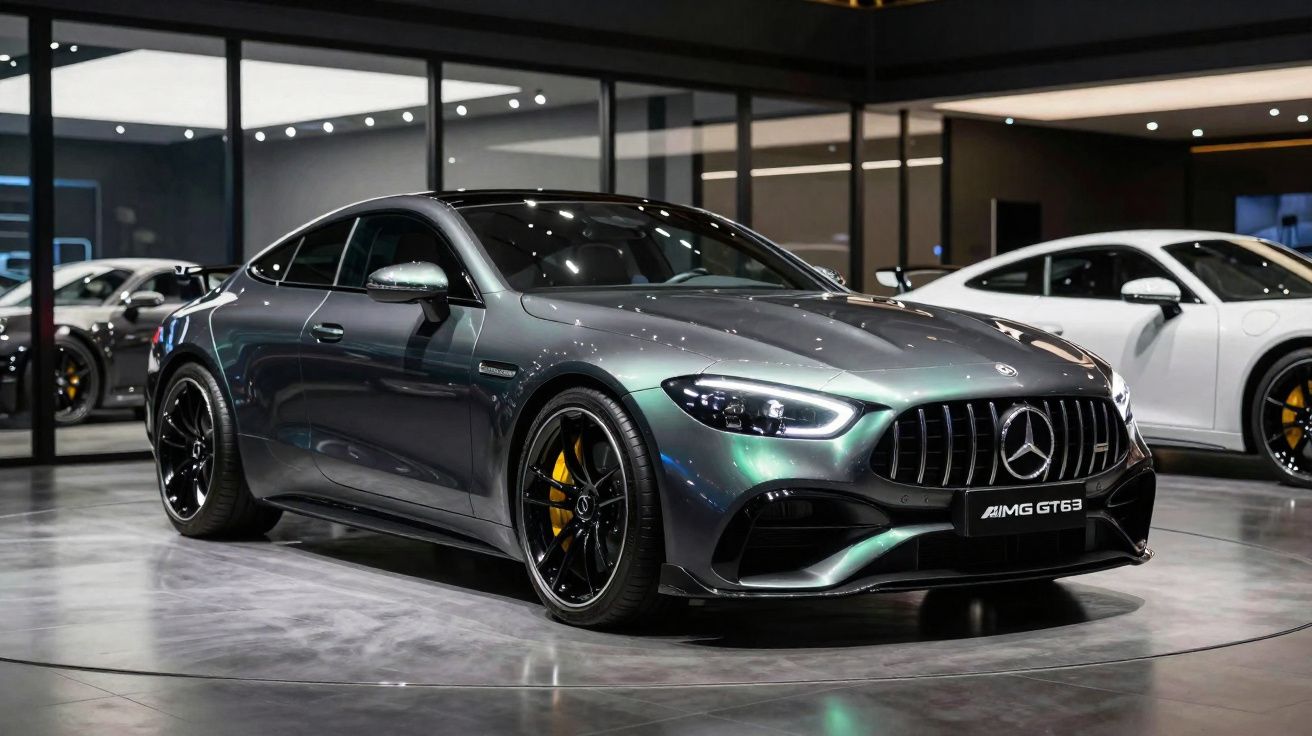 Mercedes-Benz AMG GT63 cinzento metálico estacionado em showroom moderno, com foco na dianteira e rodas pretas.