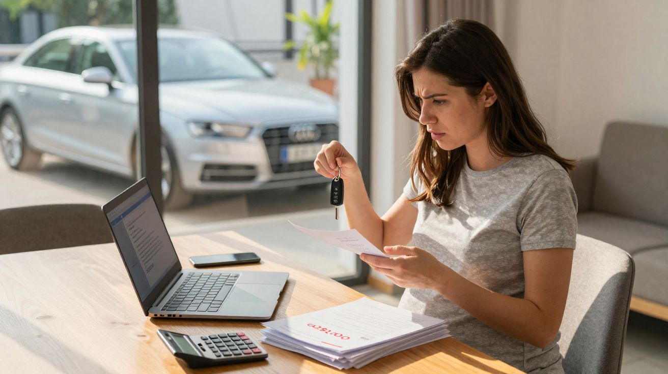 Mulher preocupada analisa documentos de carro na mesa, segurando chave do automóvel.