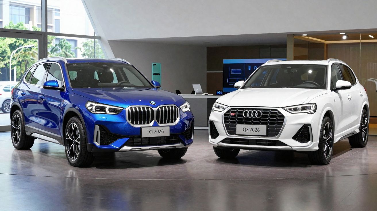 Dois carros SUV estacionados numa sala, um BMW azul e um Audi branco, modelos 2026.