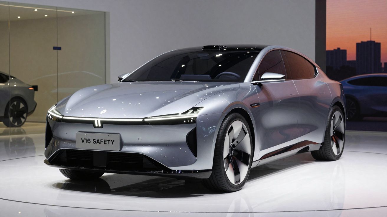 Carro elétrico Prateado V16 Safety exibido em salão automóvel com design futurista e aerodinâmico.