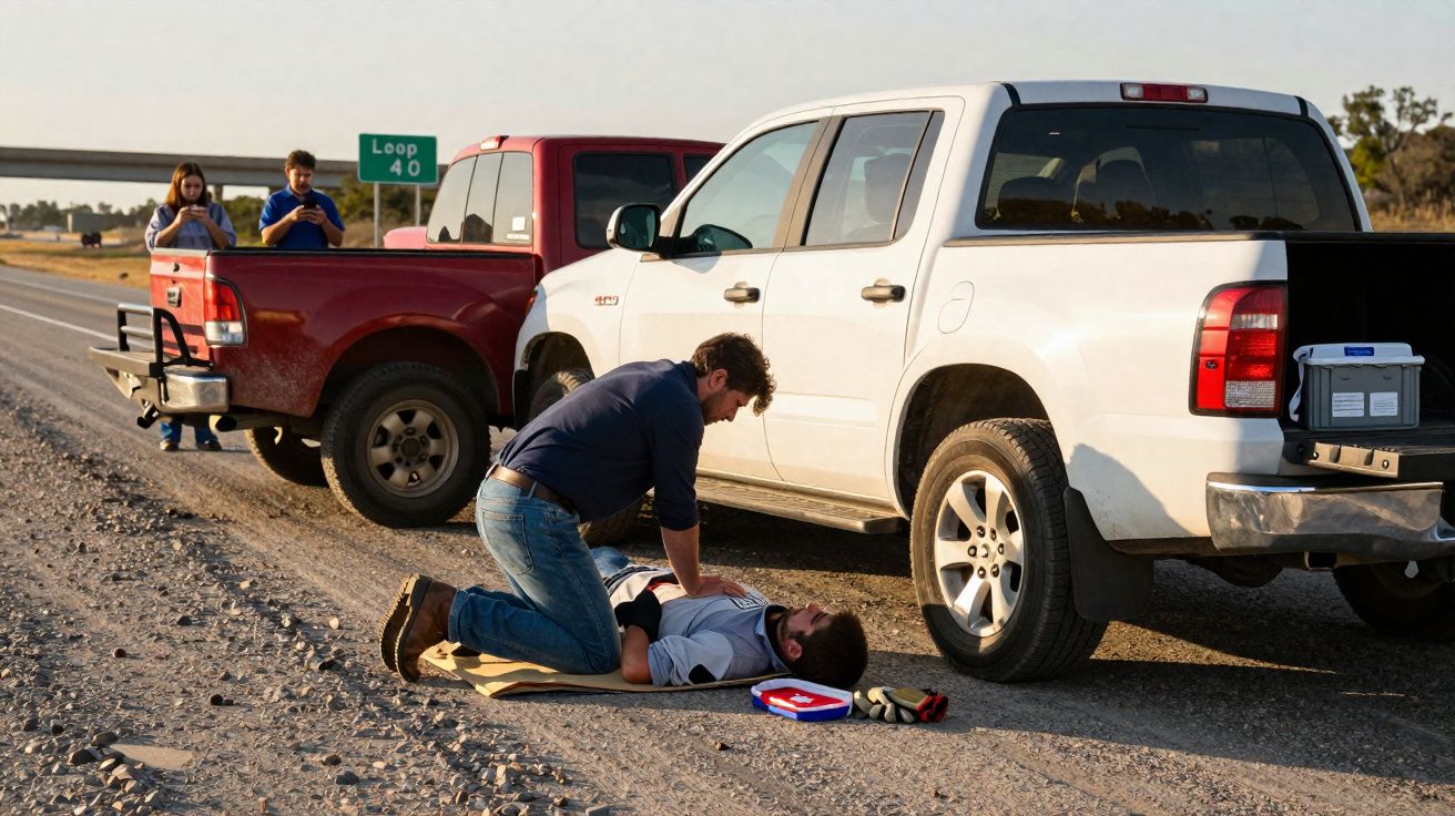 Homem a realizar reanimação cardiopulmonar a vítima caída na berma da estrada junto a duas pickup trucks.