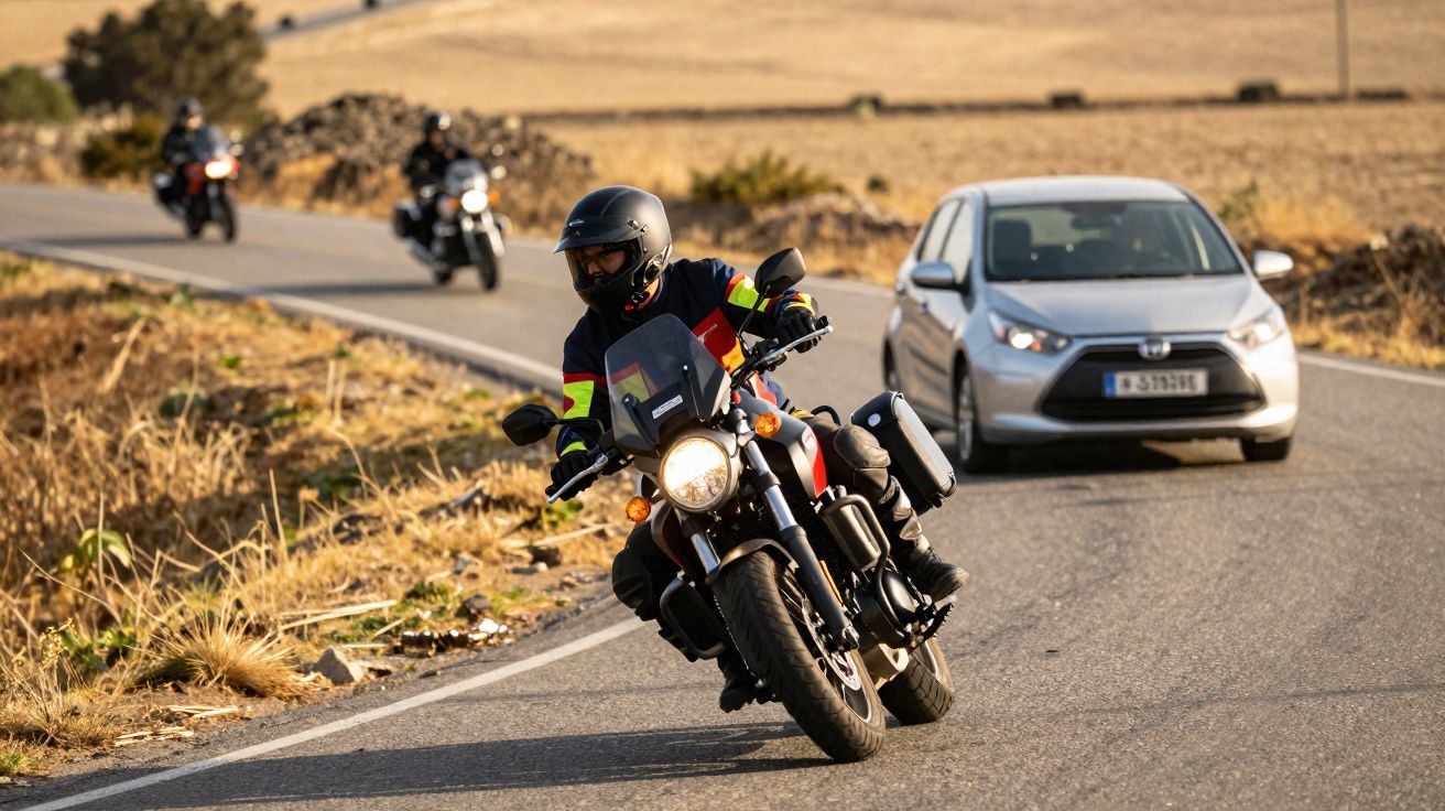 Motociclista com capacete e roupa de proteção curva numa estrada rodeada por vegetação seca, com dois motociclistas e um carr