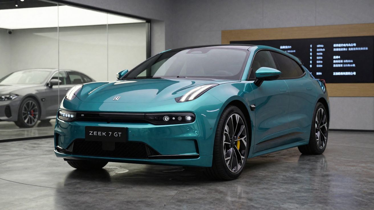 Carro elétrico azul Zeek 7 GT estacionado em showroom moderno com piso cinza e espelhos.