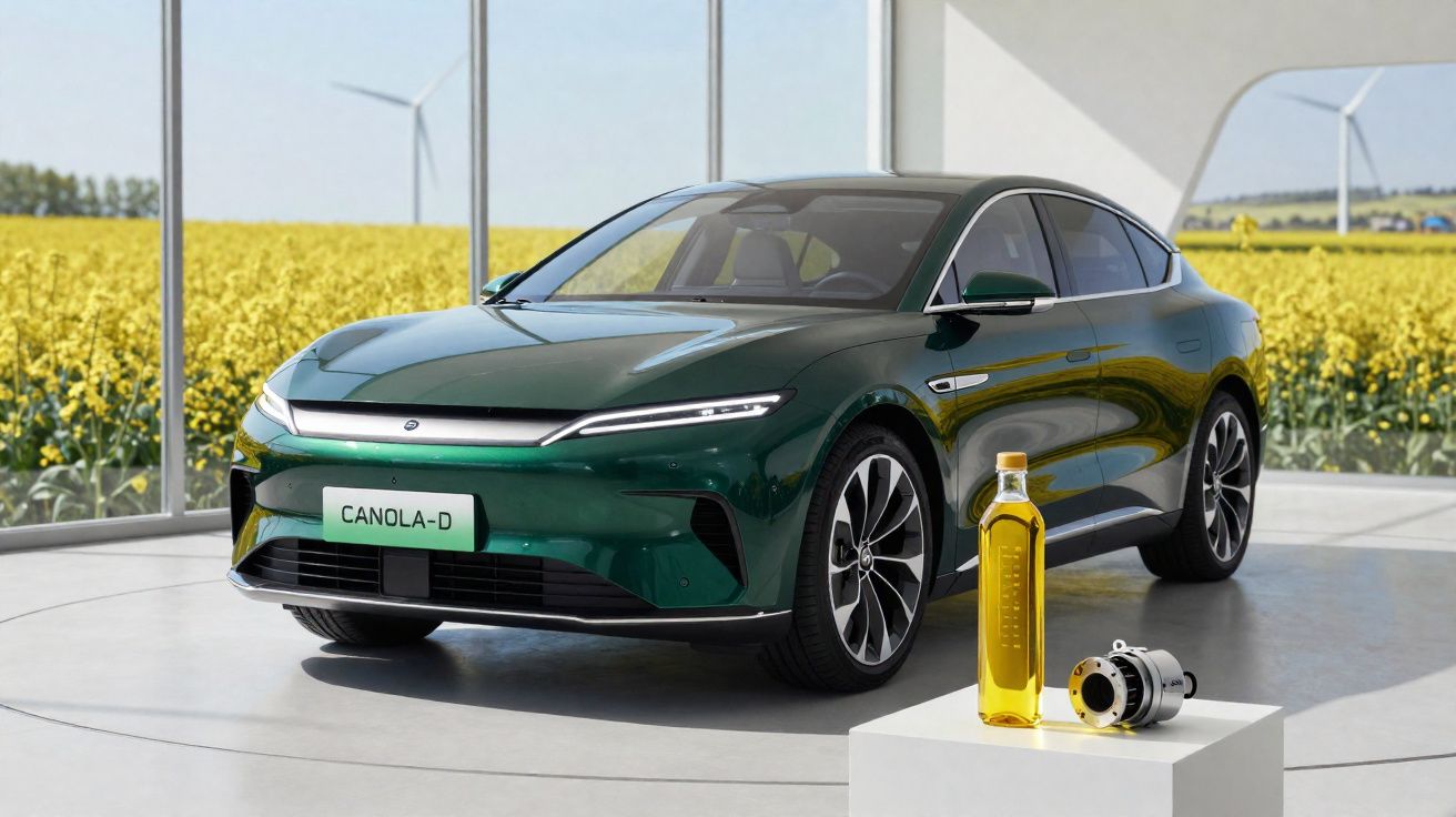 Carro elétrico verde Canola-D exibido em showroom com campo de colza ao fundo e óleo de canola em frasco.