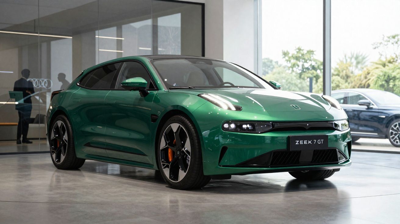 Carro elétrico desportivo Zeek 7 GT verde em exposição num salão moderno com grandes janelas.