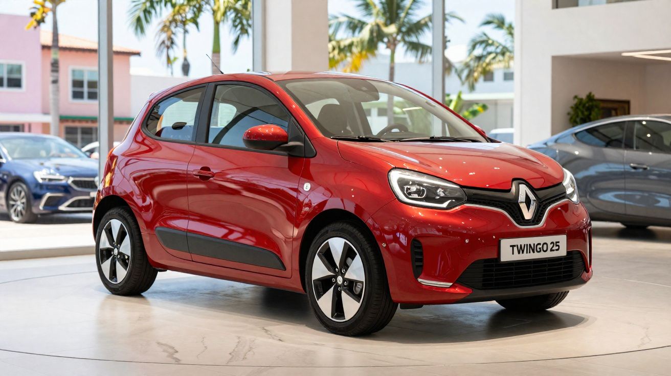 Carro compacto vermelho Renault Twingo 25 exposto em showroom moderno com janelas grandes e palmeiras visíveis.