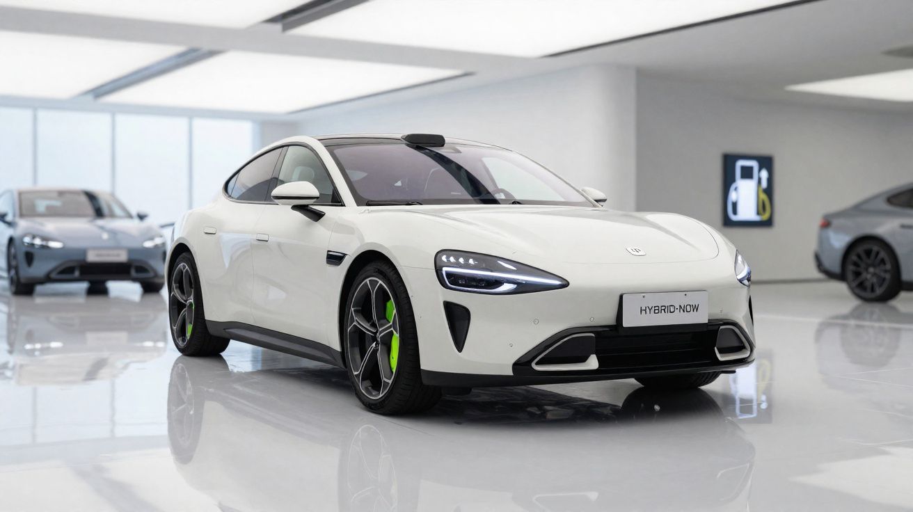 Carro elétrico branco de luxo em exposição num salão moderno com piso e paredes brancas.