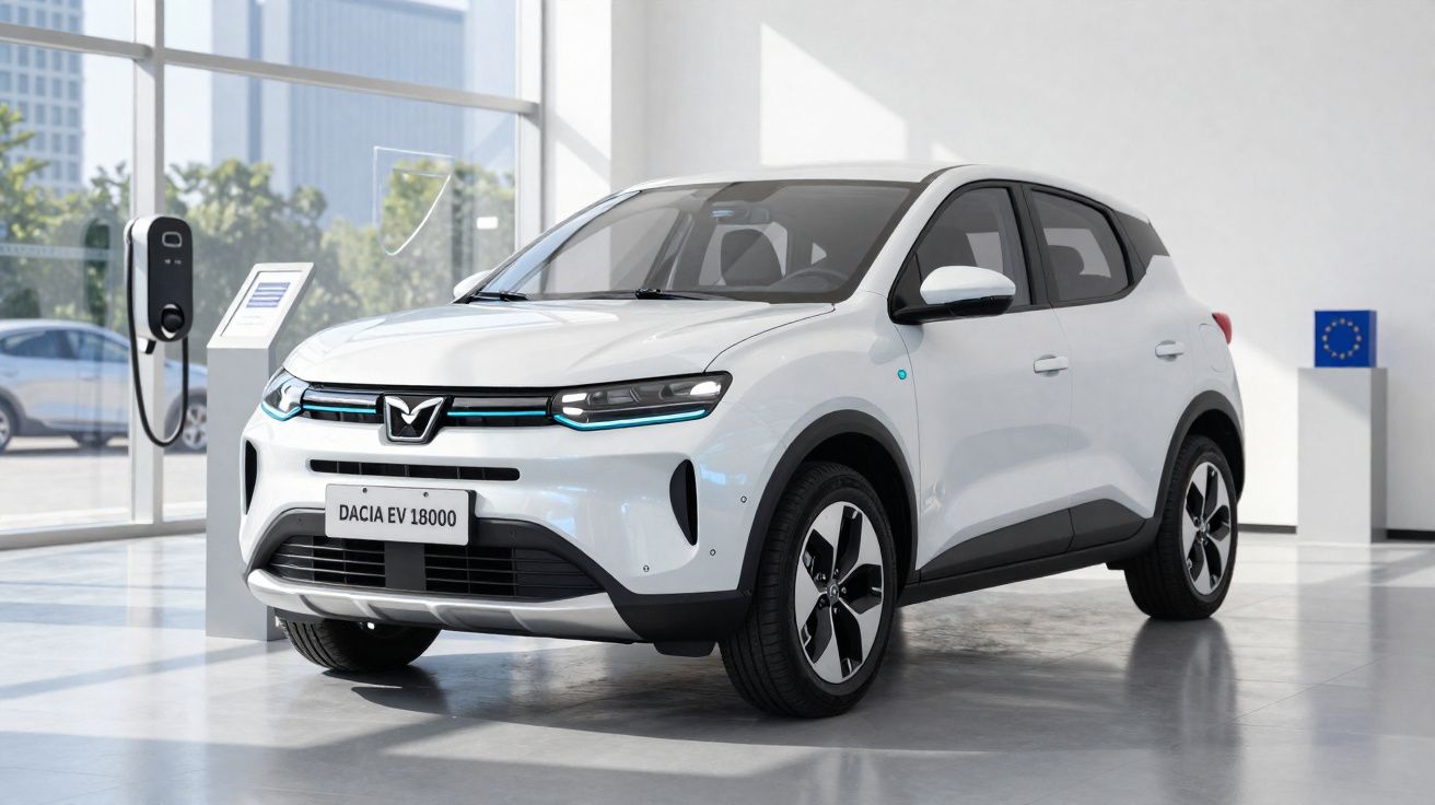 Carro elétrico branco Dacia EV 18000 estacionado numa sala de exposição moderna com carregador.