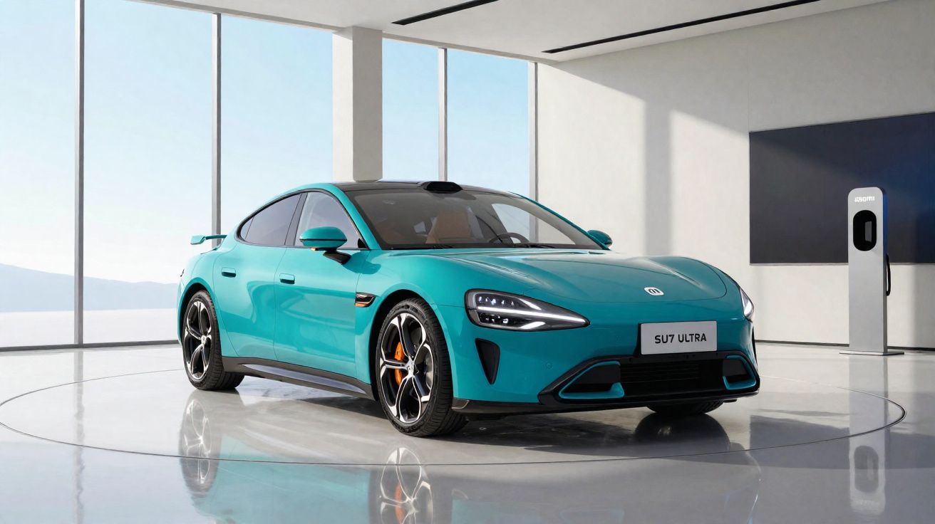 Carro elétrico azul turquesa KIA SU7 Ultra numa sala moderna com carregador ao fundo.
