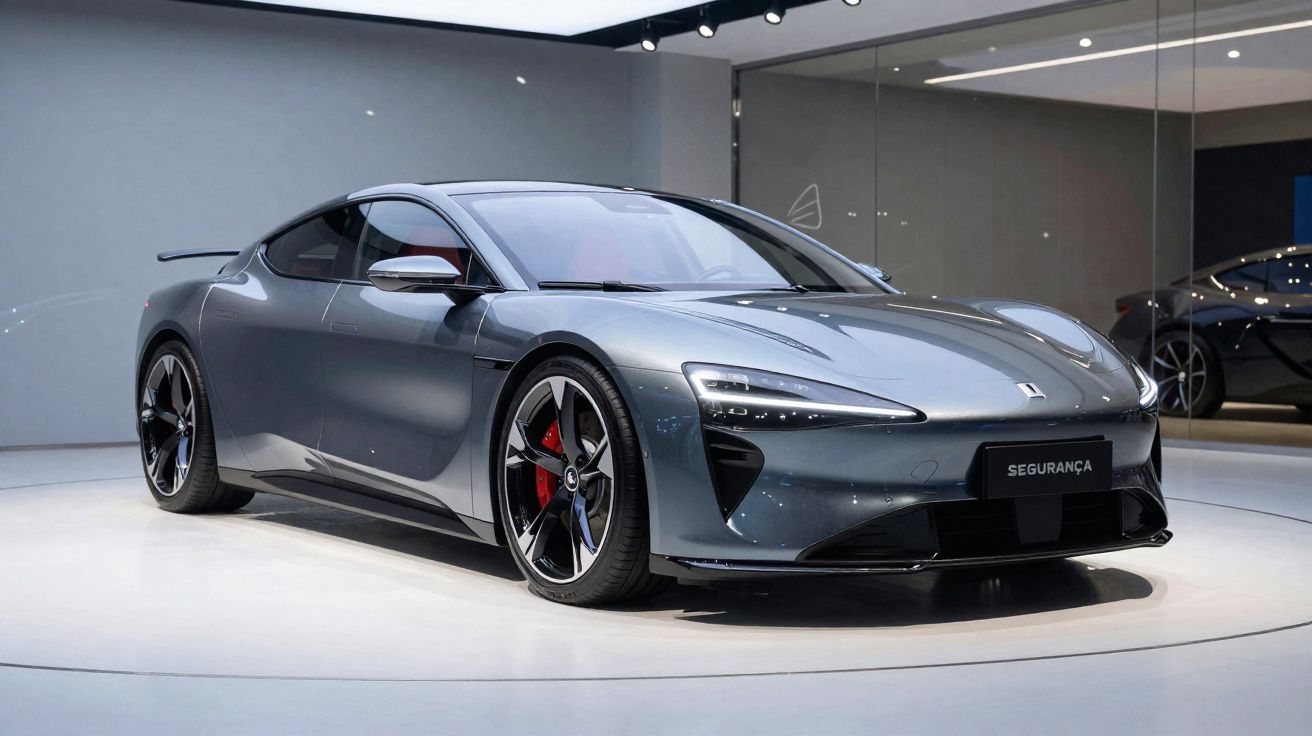 Carro desportivo elétrico cinza escuro exibido em sala de exposições moderna com rodas pretas e detalhes vermelhos.