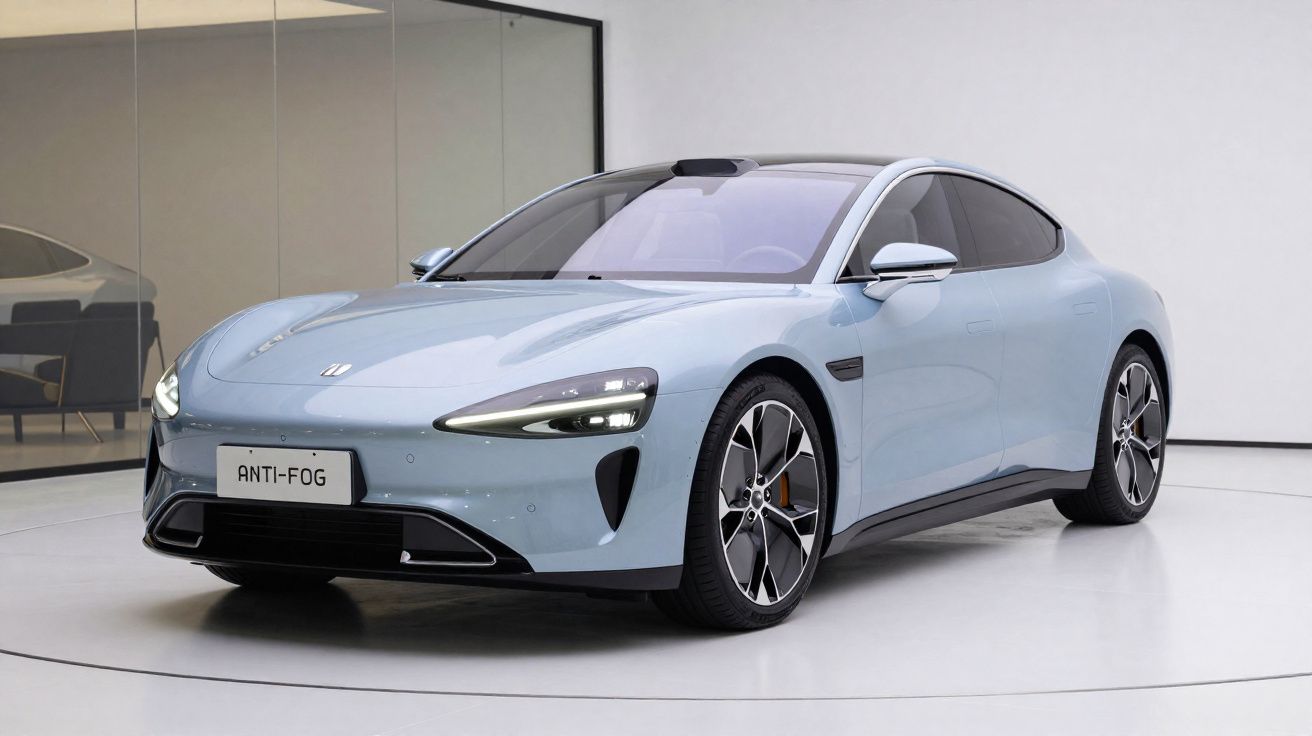 Carro elétrico cinzento claro com design moderno e faróis LED, em ambiente interior minimalista.