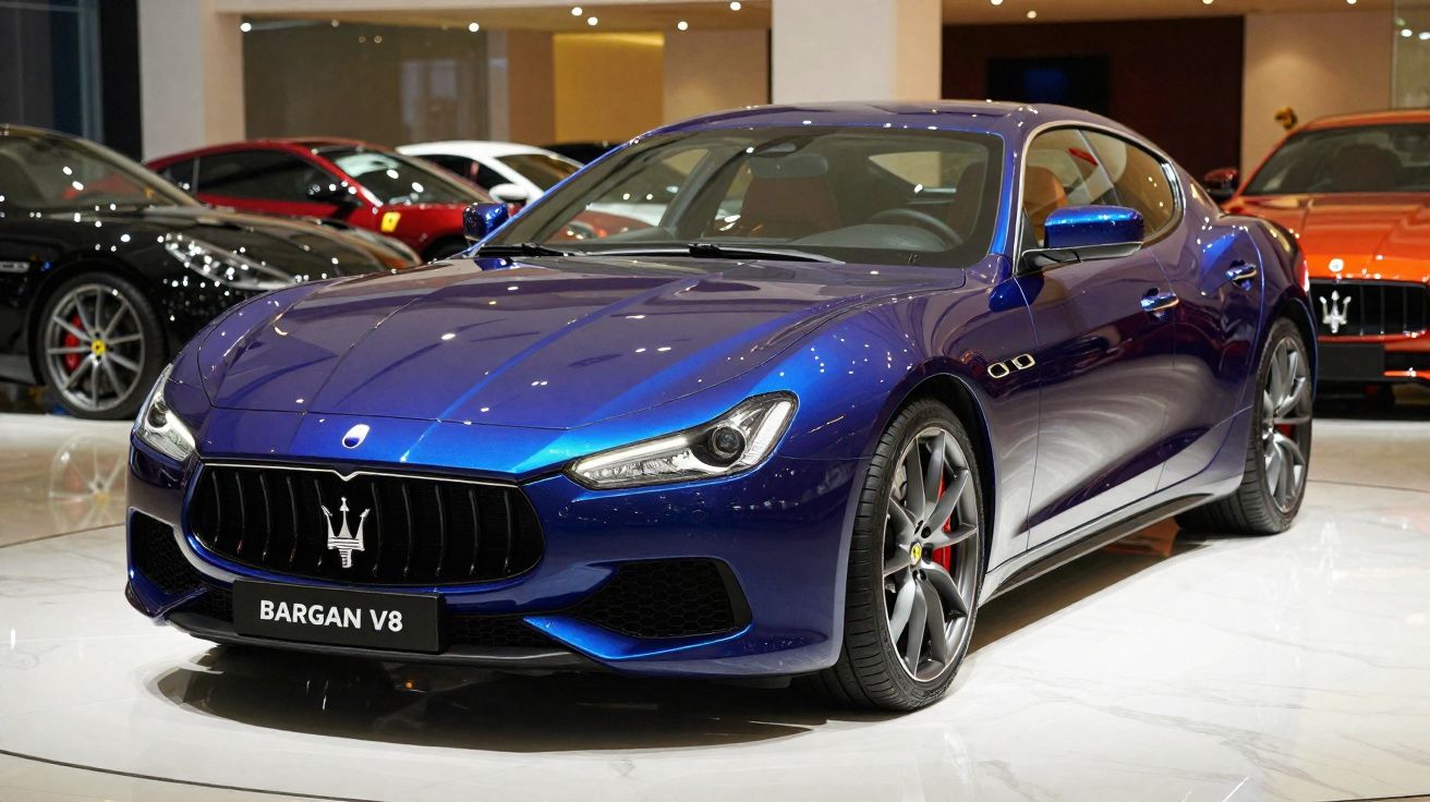 Carro desportivo azul Maserati BARGAN V8 exposto em showroom com vários carros ao fundo.