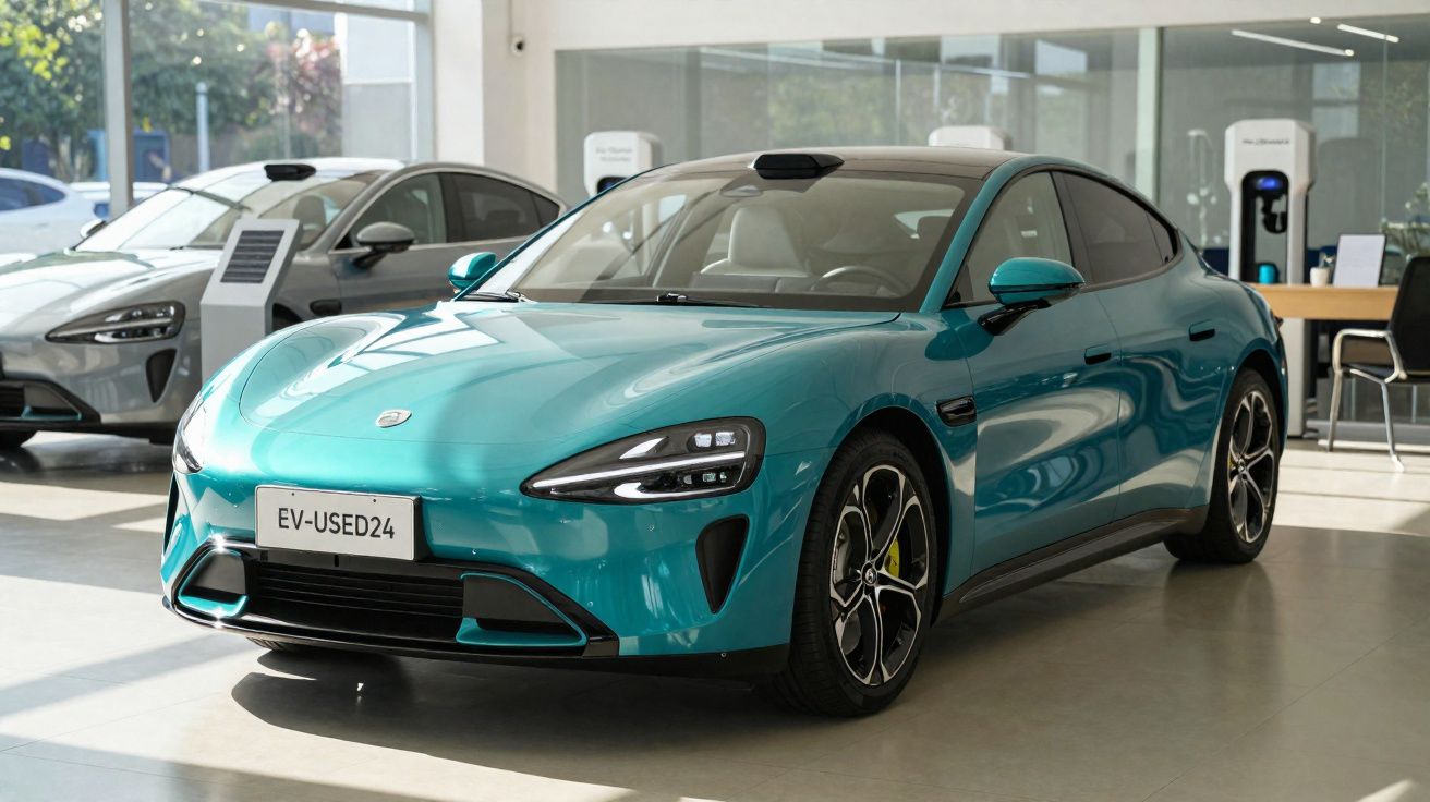 Carro elétrico azul turquesa em showroom com outros veículos eléctricos ao fundo.