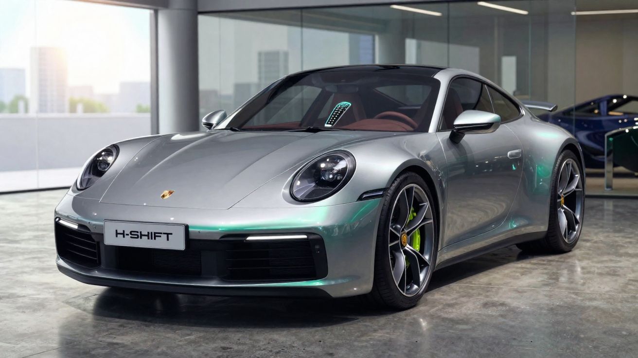 Carro desportivo prateado Porsche 911 estacionado em piso interior com vidros e espelhos refletindo luz.
