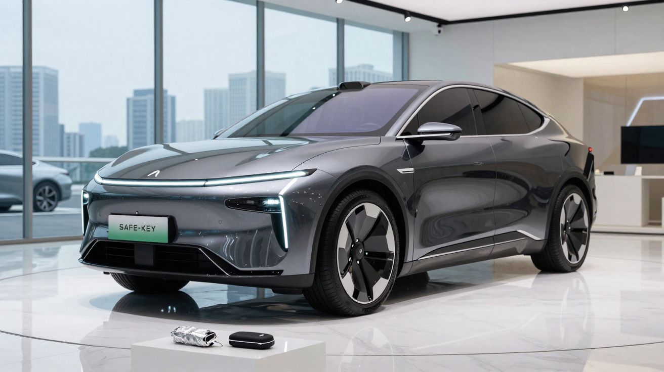Carro elétrico cinzento metálico exposto em showroom moderno com janelas grandes e chão brilhante.