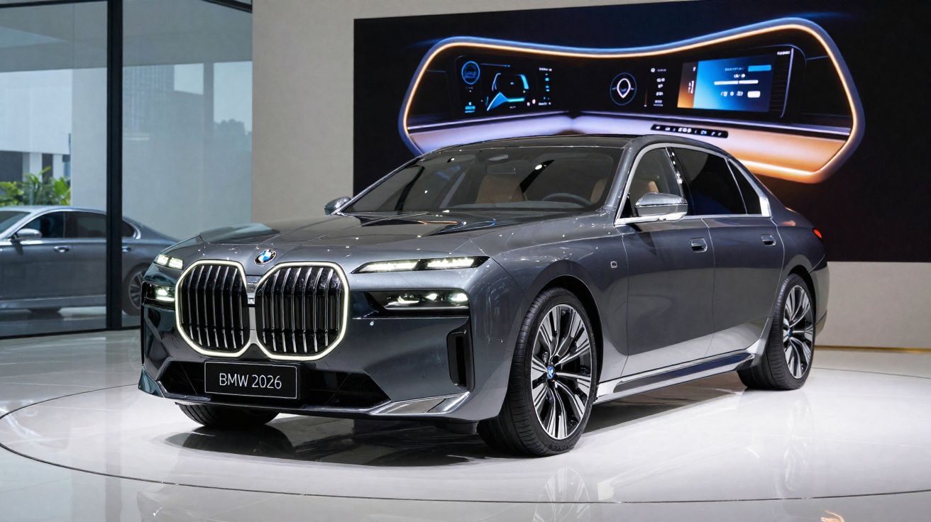 Carro BMW 2026 cinza exposto em salão com painel digital futurista ao fundo.