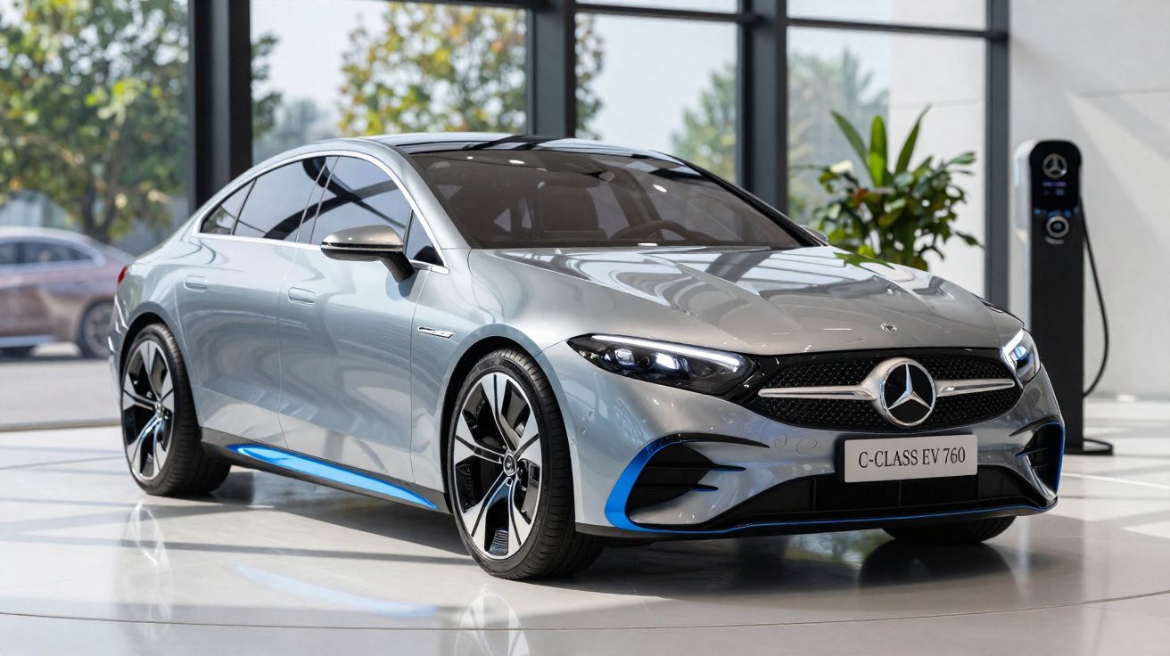 Carro elétrico Mercedes-Benz C-Class EV 760 cinzento estacionado num salão com carregador.