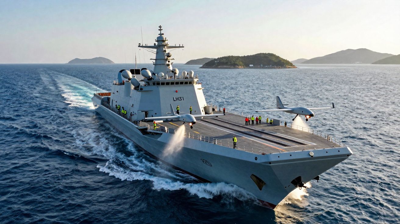 Navio militar com dois drones no convés navegando em mar aberto perto de ilhas, pessoas com coletes refletores a bordo.