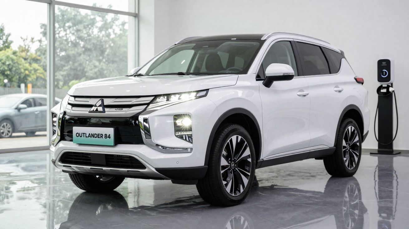 Carro elétrico branco modelo Mitsubishi Outlander 84 estacionado em showroom com carregador ao lado.