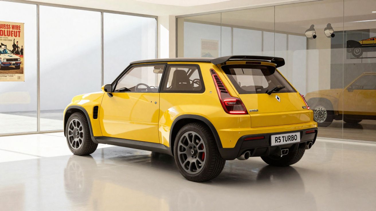 Carro Renault R5 Turbo amarelo estacionado num espaço moderno com paredes de vidro e poster na parede.