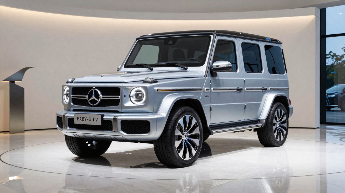 Carro elétrico Mercedes-Benz G-Class prata estacionado em exposição interior moderna.