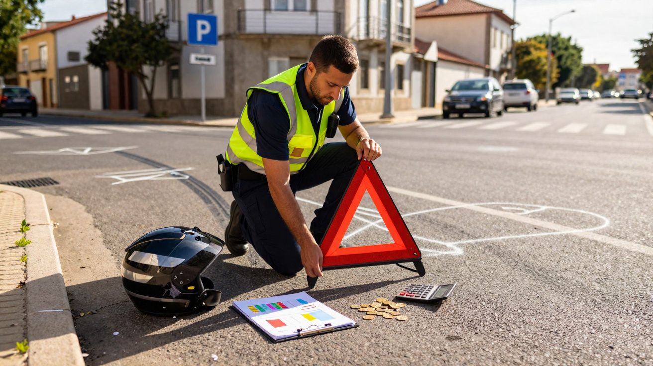 Polícia com colete refletor coloca triângulo de segurança junto a capacete, papéis, moedas e calculadora na estrada.