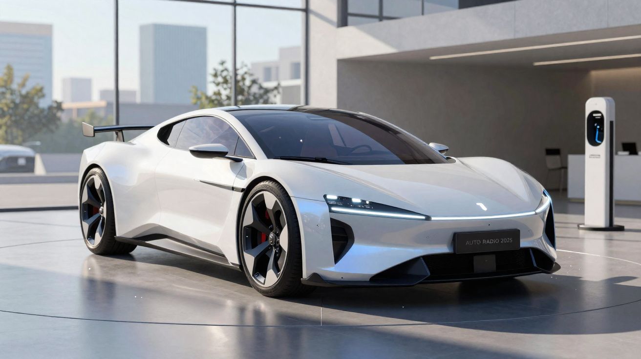 Carro desportivo elétrico branco estacionado dentro de uma garagem moderna e minimalista.
