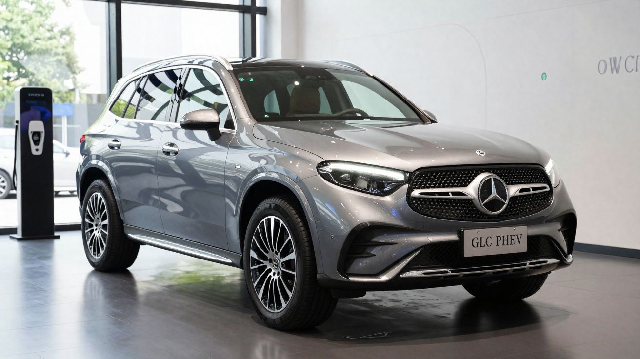 Mercedes-Benz GLC PHEV cinzento estacionado num showroom moderno com carregador elétrico.