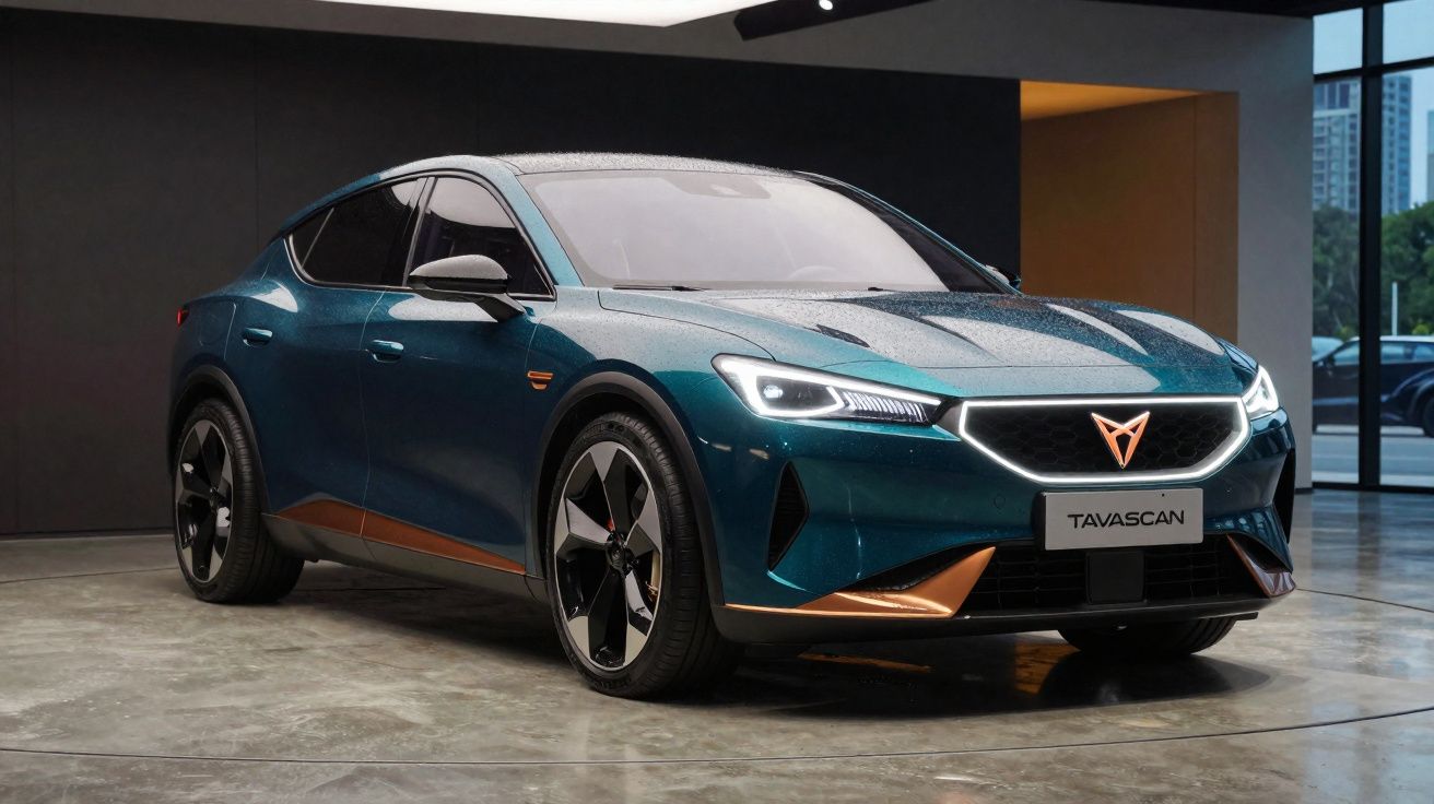 Carro elétrico azul Cupra Tavascan estacionado em sala moderna com luzes LED acesas.