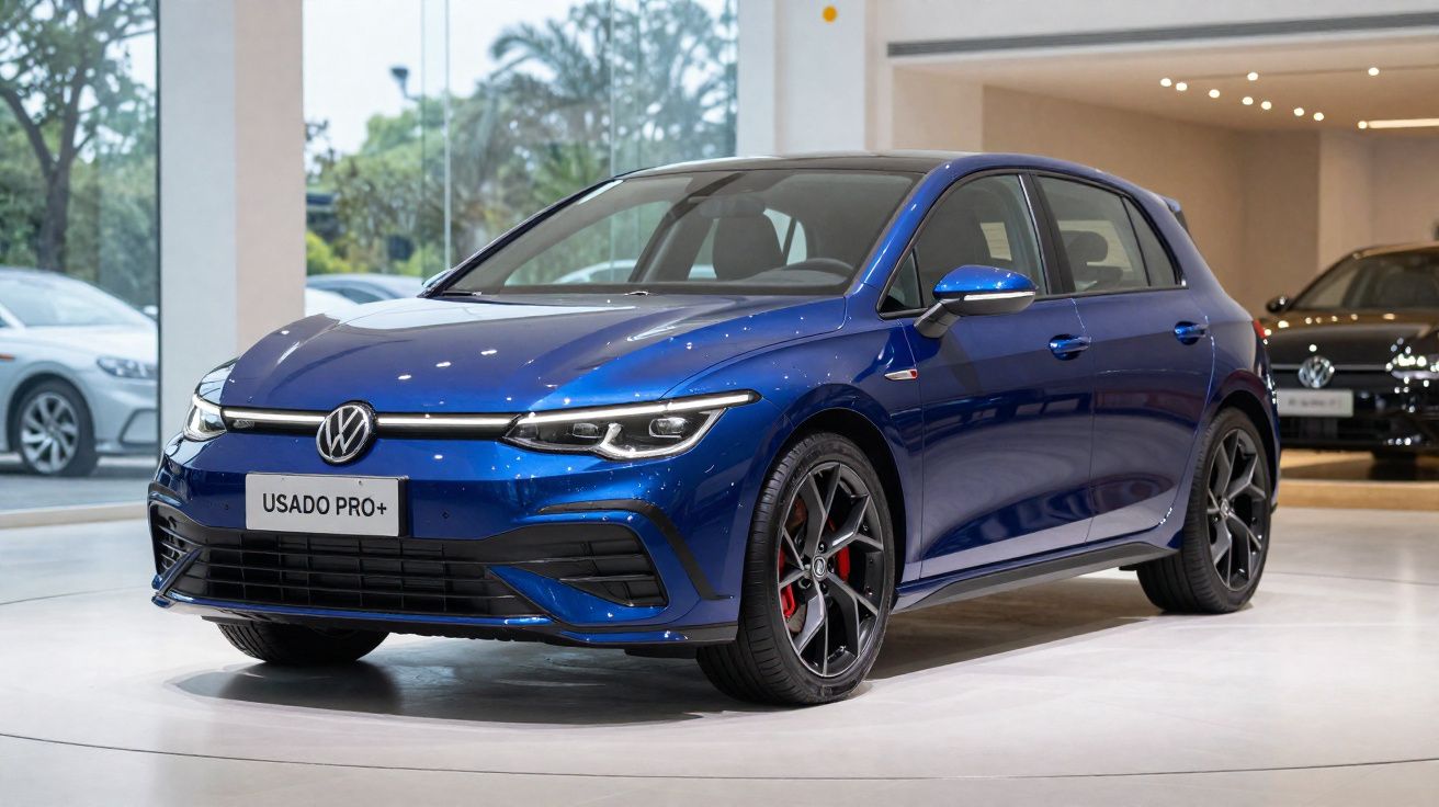 Carro Volkswagen azul metálico exibido em showroom, vista frontal e lateral direita.