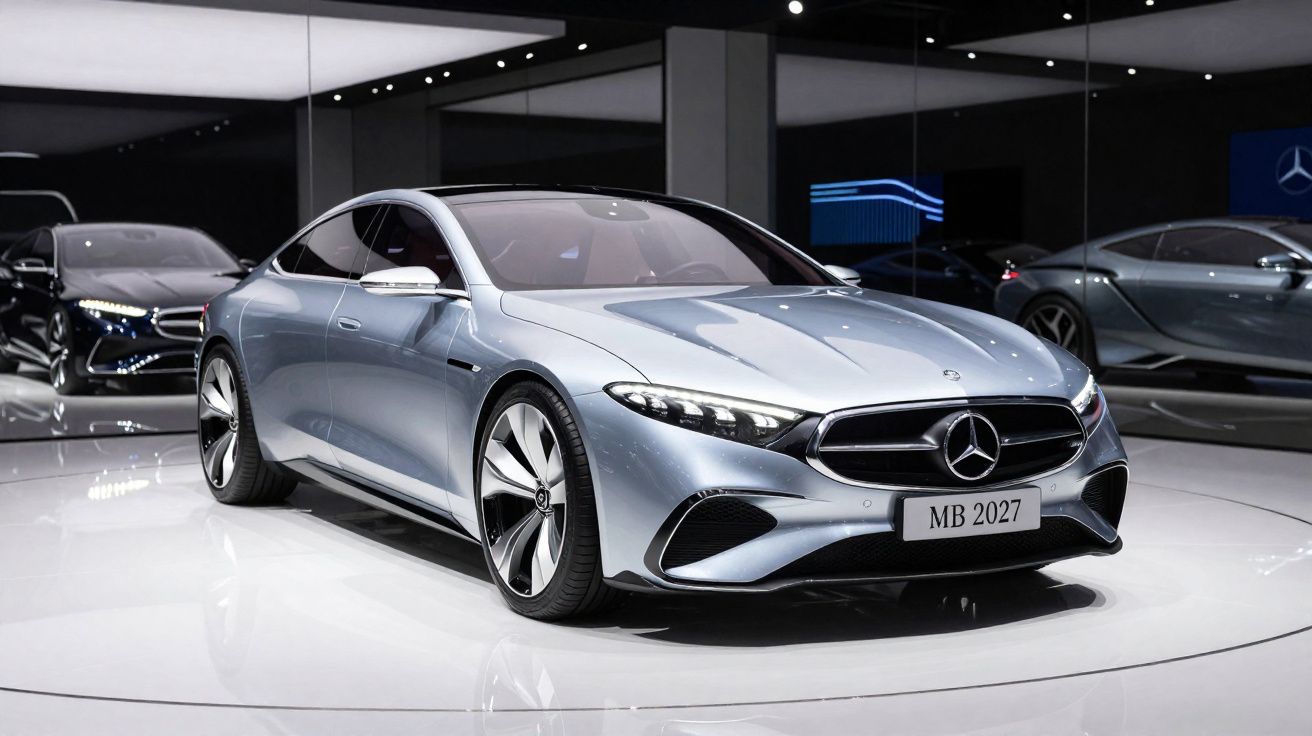 Carro desportivo Mercedes-Benz prata exposto num salão moderno com iluminação ambiente.
