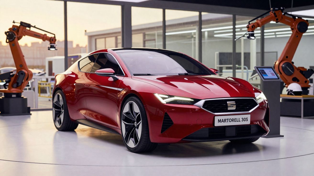 Carro desportivo vermelho Martorell 30S num showroom moderno com braços robóticos ao fundo.