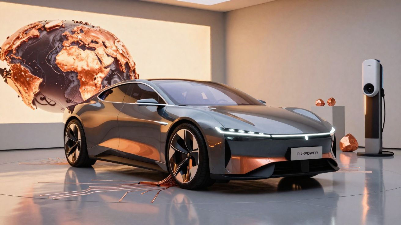 Carro elétrico cinzento metálico em espaço moderno, com terraço decorativo e estação de carregamento.