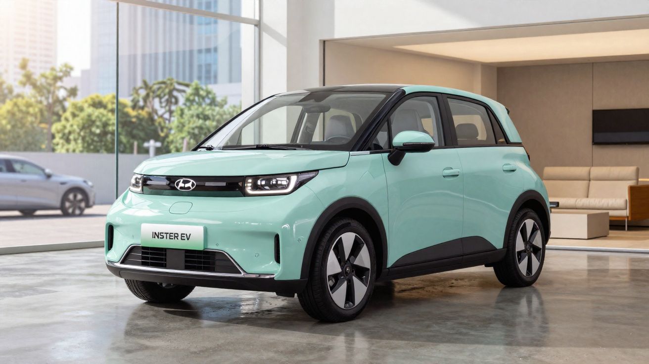 Carro elétrico compacto Hyundai Inster EV verde claro em exposição numa sala com janelas amplas.