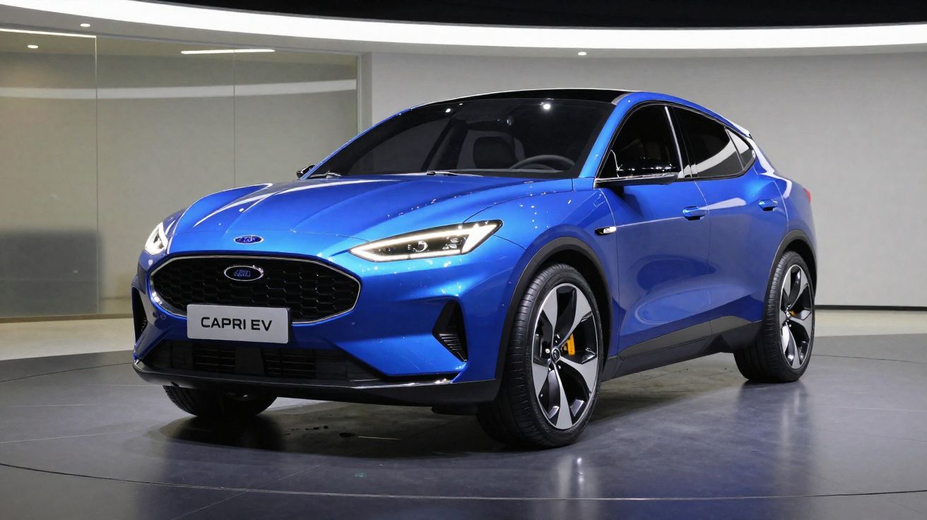 Carro elétrico Ford Capri EV azul exibido em sala de exposição com iluminação moderna.