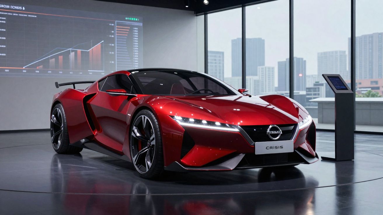 Carro desportivo vermelho Nissan Crisis exposto em sala moderna com grandes janelas e gráficos digitais no ecrã.