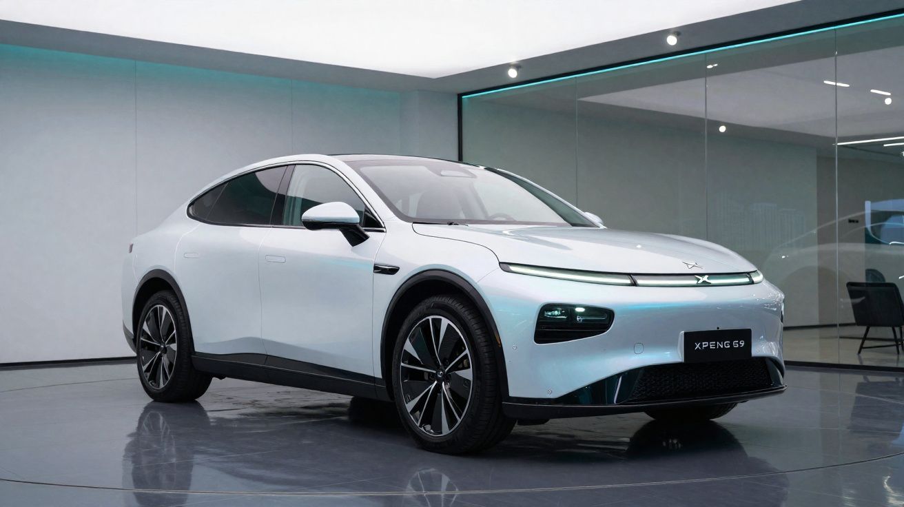 Carro elétrico branco XPeng G9 estacionado em espaço interior moderno com chão cinzento polido.