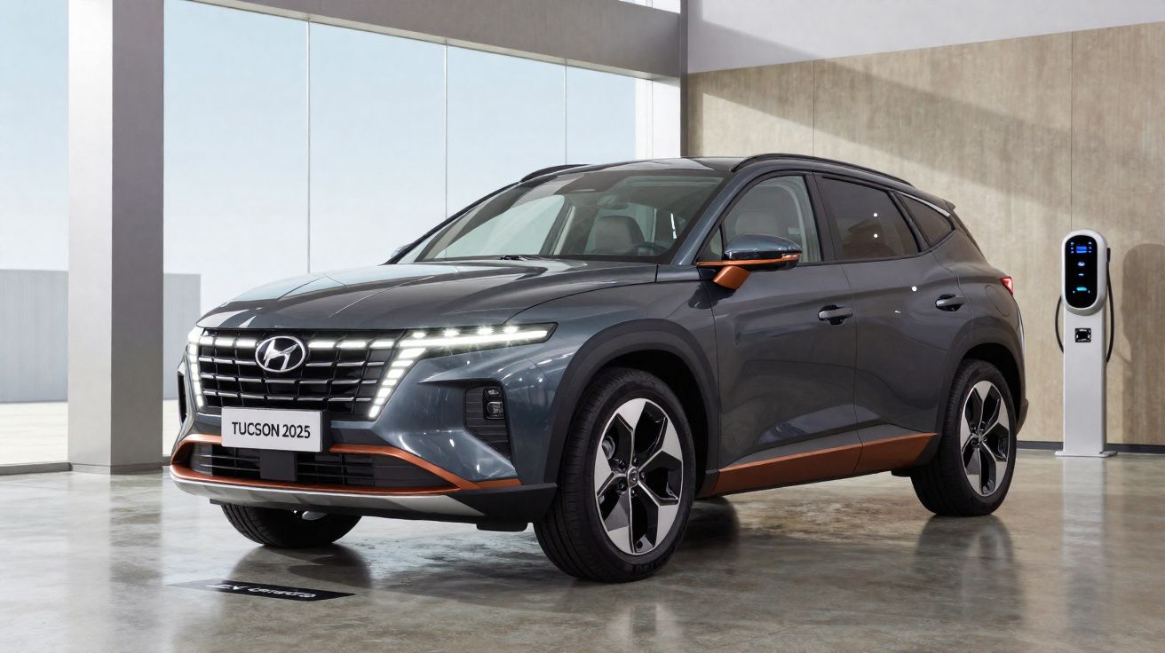 Automóvel Hyundai Tucson 2025 cinzento estacionado em interior com posto de carregamento elétrico.